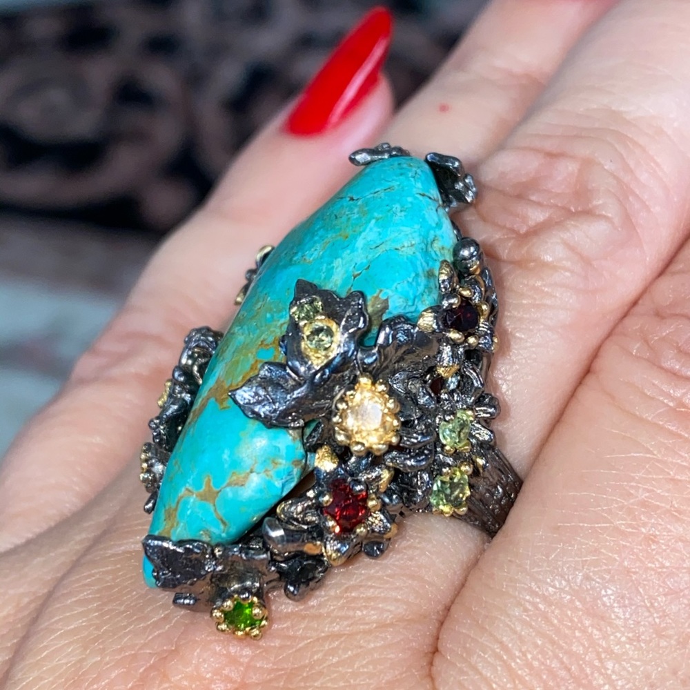 Gorgeous Genuine Turquoise Ring with Gemstones - Picture 3 of 17